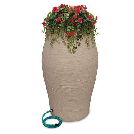 RESCUE Stoneware Urn Rain Barrel, Includes Planter, Diverter, Outlet Hose, 85 Gallons, Sand 2265-1